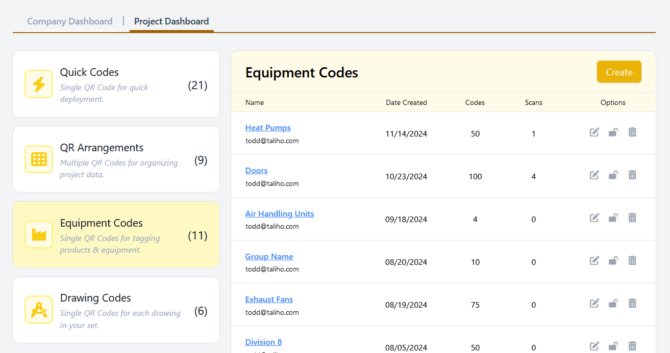 A view of a project's dashboard, with four module options on the left: Quick Codes, QR Arrangements, Equipment Codes (highlighted in yellow), and Drawing Codes. On the right panel, there is a heading that reads 'Equipment Codes' with a 'Create' button to its right, followed by a table listing all existing equipment codes with following columns: Name, Date Created, Codes, Scans, and Options.