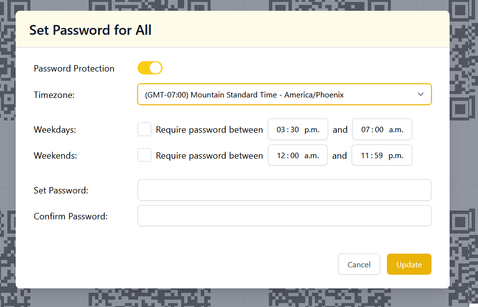 A modal with a heading that reads 'Set Password for All.' Below, a form with a Password Protection toggle switched on, a dropdown field to select the timezone, time restrictions for weekdays and weekends, and two text fields for providing and confirming the password. The modal also has a Cancel button and an Update button in the bottom right corner.