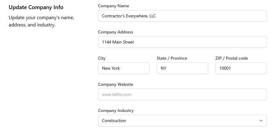 Settings dashboard: company info