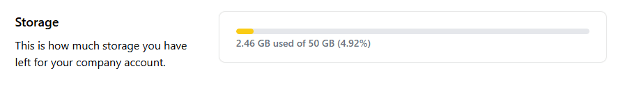 A Storage Usage bar on the company settings page, showing 4.92%, or that 2.46GB of 50GB storage, is used.