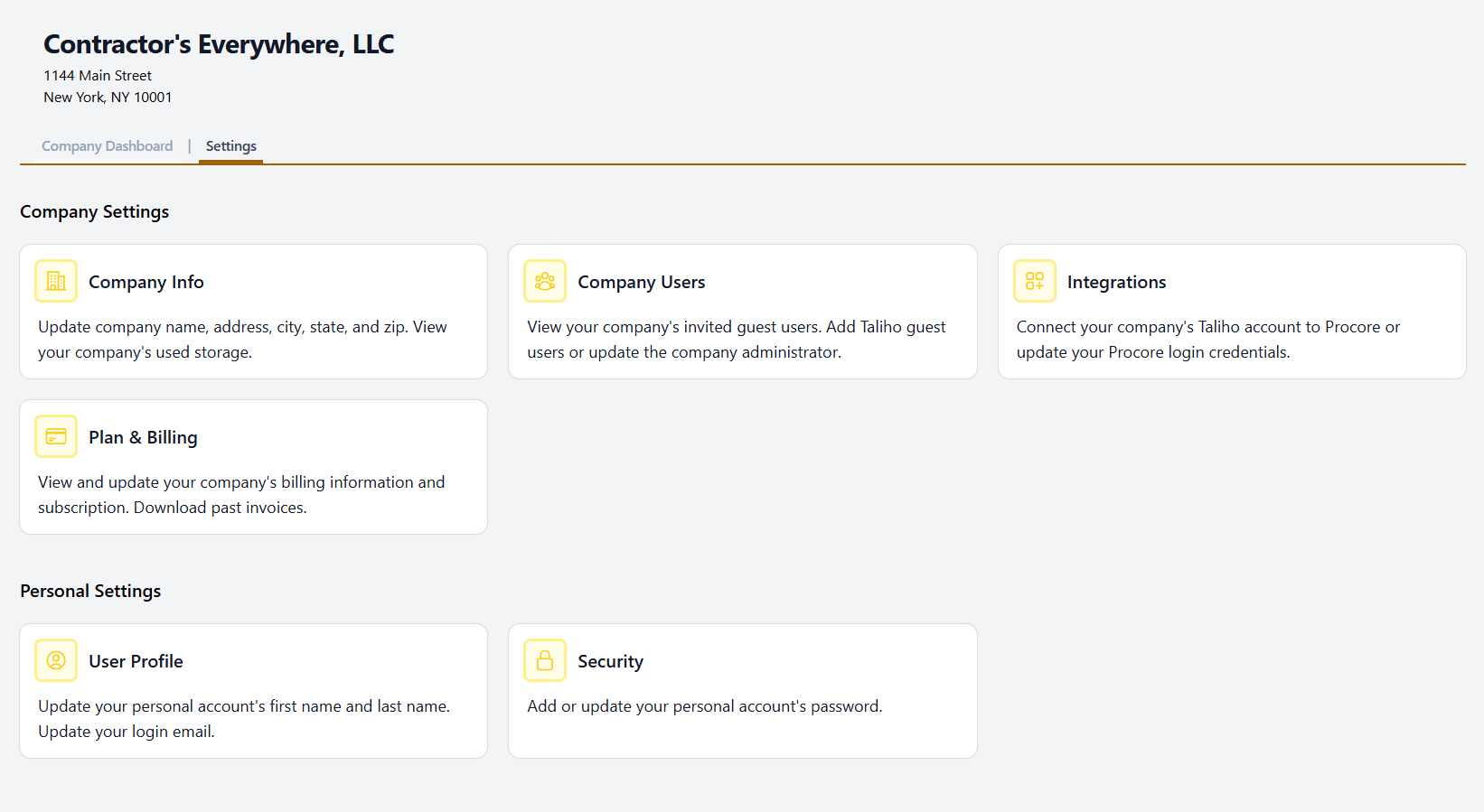 Settings dashboard: company settings